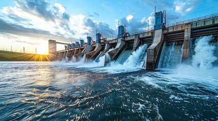 Hydroelectric dam in operation, with water powering turbines