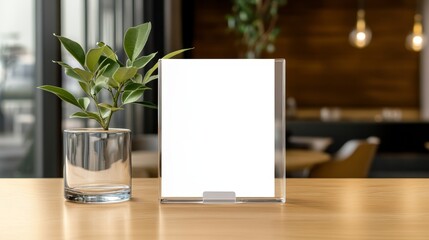 Fototapeta premium A minimalist mockup showcasing a blank menu frame on a wooden table in a modern restaurant setting. The frame is made of acrylic and features a simple design. The background features blurred greenery 