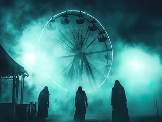 Silhouettes of figures near a Ferris wheel in a misty haunted carnival