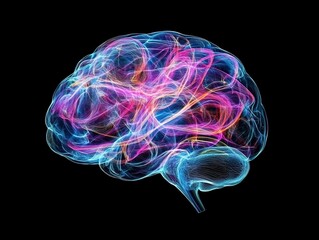 Neural brain made of colorful light lines on a black background