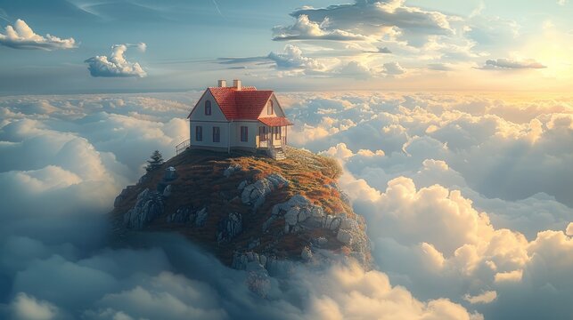 Sky clouds, a house on a hill, surrounded by clouds. taken from an elevated position. Generative AI.