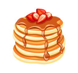 Delicious pancakes with sweet strawberries in a cartoon style. Vector illustration of fresh and fluffy pancakes drizzled with honey and whole, halves, strawberries isolated on a white background.