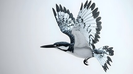 Fototapeta premium Pied Kingfisher Bird Flying with White Background, Photo Realistic, Wallpaper, Cover and Screen for Smartphone, PC, Laptop, 9:16 and 16:9 Format