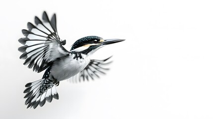 Obraz premium Pied Kingfisher Bird Flying with White Background, Photo Realistic, Wallpaper, Cover and Screen for Smartphone, PC, Laptop, 9:16 and 16:9 Format