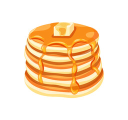 Delicious pancakes with butter in a cartoon style. Vector illustration of fresh and fluffy pancakes drizzled with honey and a piece of butter isolated on a white background. American breakfast.