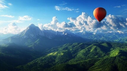 Fototapeta premium A picturesque landscape featuring a lone hot air balloon gracefully ascending over a serene mountain range. The vibrant blue sky, fluffy white clouds, and lush green valleys create a breathtaking vist