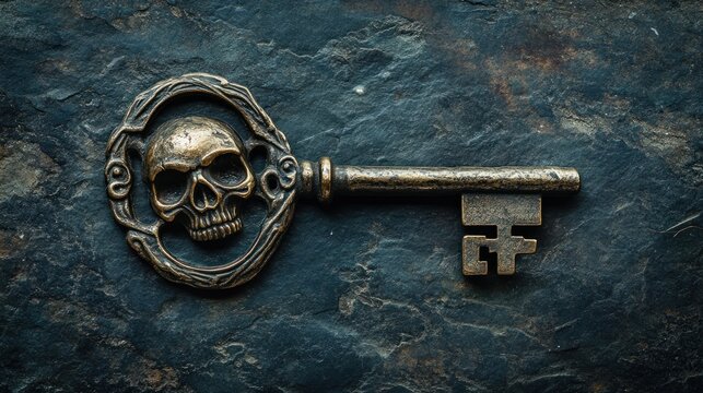 An ornate key featuring a skull design, suggesting themes of mystery or danger.