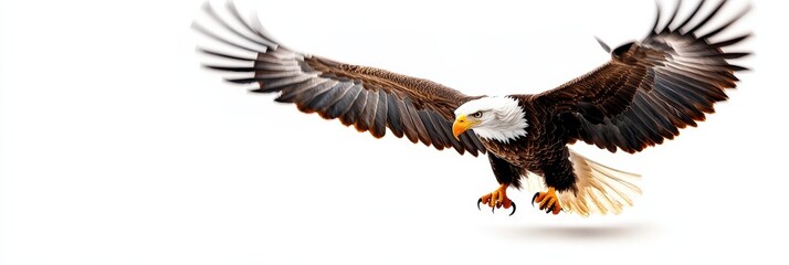 Fototapeta premium A powerful bald eagle soars through the air with its wings spread wide, showcasing its strength and majesty. It represents freedom, power, and the beauty of nature. The eagle's piercing gaze and sharp