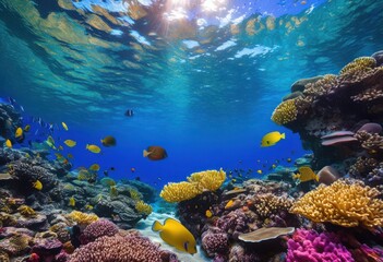 Naklejka premium explore vibrant beauty underwater coral reefs filled colorful marine life stunning natural features, adventure, aquatic, blue, biology, bleaching, conservation
