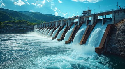 hydroelectric dam on a river with flowing water 