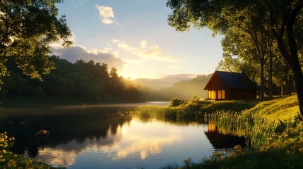 Fototapeta premium A serene cabin nestled on the shore of a tranquil lake, bathed in the golden glow of a setting sun. The image evokes a sense of peace, solitude, and the beauty of nature.