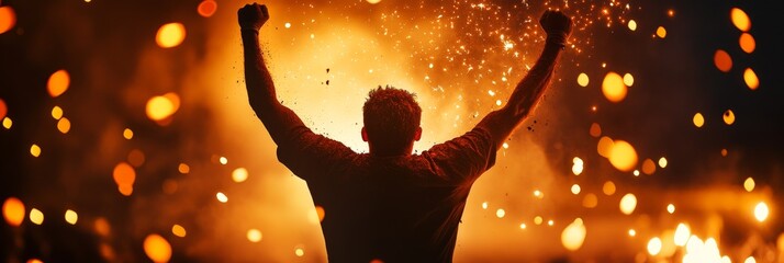 A silhouette of a man with arms raised in victory, standing against a backdrop of fiery sparks and bright lights.  This image symbolizes success, achievement, hope, and determination.