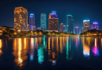 Naklejka premium vibrant nighttime view featuring tranquil reflections water surfaces colorful lights scenic landscapes, cityscape, skyline, nightview, colors, scenery