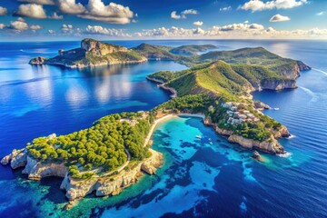 Aerial view of the beautiful island of Majorca, located in the Mediterranean Sea, highlighted on a stunning blue ocean map with surrounding coastlines and geography.