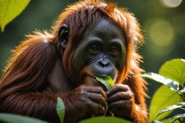 Fototapeta premium a young orangutan eating a leaf