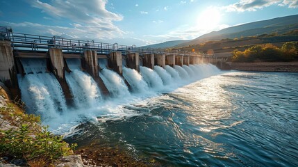 hydroelectric dam on a river with flowing water 