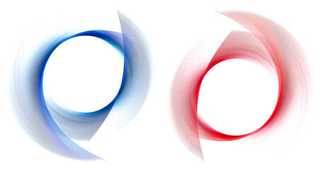 The round frames are created with red and blue striped curved planes. Set of graphic design elements on a white background. Icon, logo, symbol, sign. 3D rendering. 3D illustration.