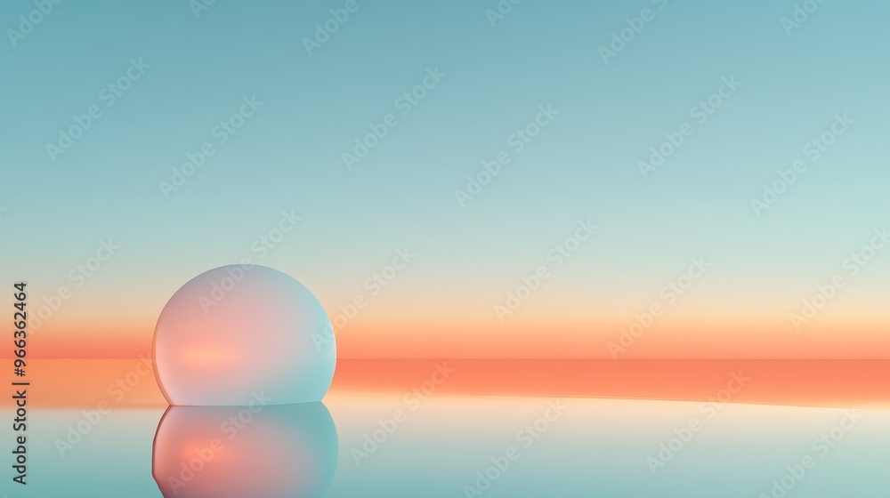 Poster a single, translucent sphere floats on a glassy surface, reflecting the warm hues of a setting sun. 