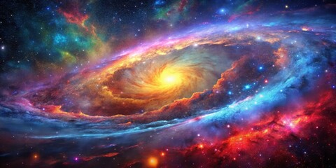 Obraz premium Cosmic Spiral Galaxy - A Vivid Digital Painting of a Starry Sky with a Colorful Spiral Galaxy at its Center, space, nebula, galaxy