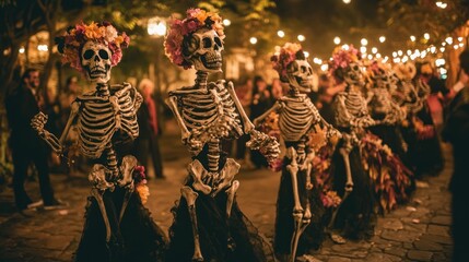A vibrant celebration featuring skeletons adorned with flowers, symbolizing D&iacute;a de los Muertos.