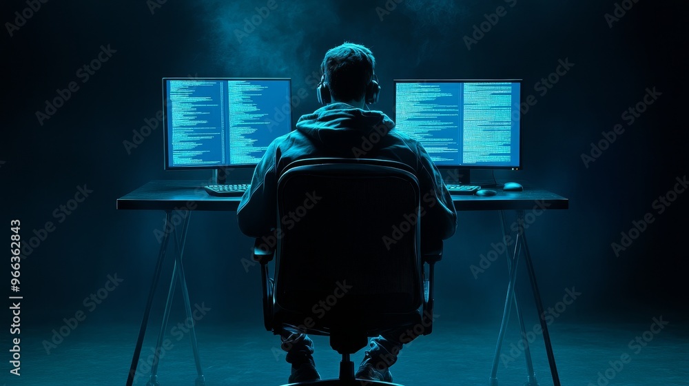 Poster a solitary figure sits in a dark room, illuminated by the blue glow of two computer screens displayi