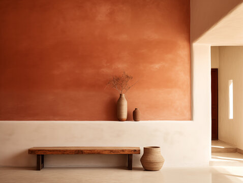 Wabi sabi and japandi japanese style rustic interior in in white, neutral and terracotta with wood, pottery and texture elements