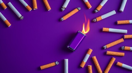 Obraz premium A striking visual featuring rows of cigarettes and a flaming lighter on a vibrant purple backdrop, symbolizing the themes of risk, addiction, choice, and intensity.