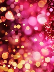 A stunning abstract background featuring a blurred, out-of-focus pattern of pink and gold bokeh lights. These sparkling lights create a sense of celebration, joy, and warmth.