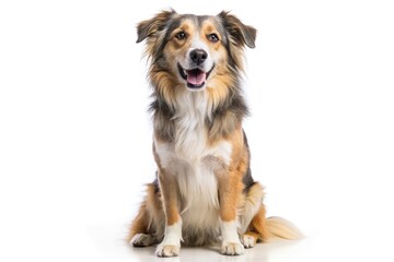 A Friendly Dog With A Playful Expression Sits In Front Of An Isolated White Background, Waiting Patiently.