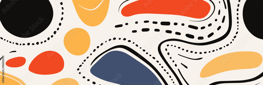 Poster abstract graphic doodle primitive style horizontal banner with simple geometric shapes and minimalis