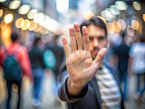 A frustrated hand with palm facing outward, fingers spread apart, signals silence, emphasizing the need to cease conversation in a busy, blurred background environment.