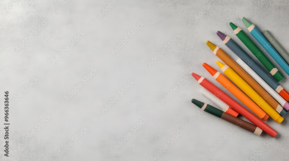 Aufkleber a top view of a set of colorful crayons arranged on a grey background. the crayons are arranged in a