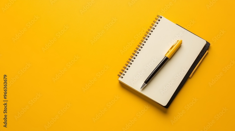 Poster a top view of a blank notebook and a yellow pen resting on a vibrant yellow background. this minimal