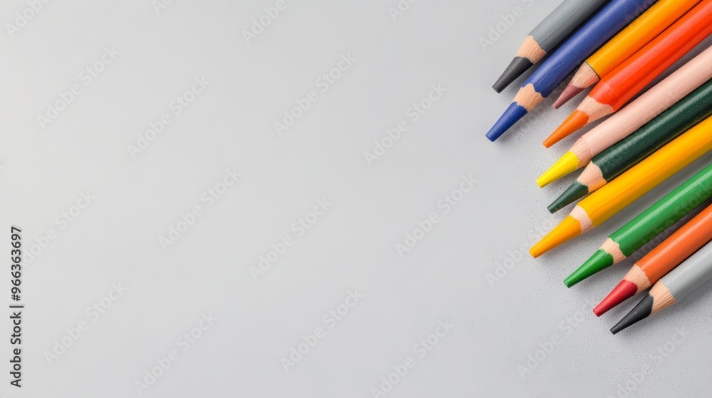 Poster a top view of a collection of colorful crayons arranged in a fan shape on a grey background. the vib