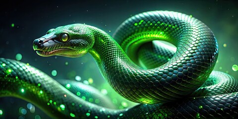 Fototapeta premium A futuristic, neon-green, 3D-rendered snake slithers through a dark, misty atmosphere, its scaly body glistening with subtle, metallic reflections and mesmerizing, swirling patterns.
