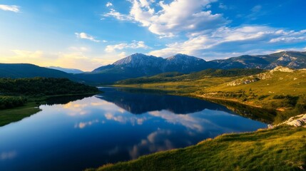 Obraz premium A tranquil scene of a mountain lake reflecting the blue sky and fluffy clouds, surrounded by lush green hills. The image evokes feelings of peace, tranquility, and natural beauty.