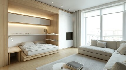   A cozy living room featuring a white sofa and a bookshelf that offers a picturesque cityscape view through the window