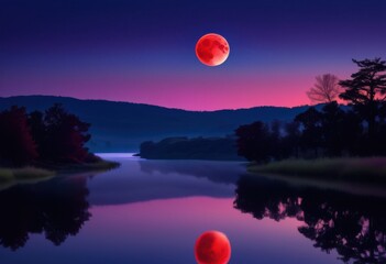 mysterious red moon illuminating tranquil landscape creating enigmatic atmosphere soft shadows gentle hues, dusk, sky, clouds, night, nature, light
