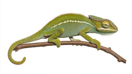 A vibrant green chameleon, perched on a branch, showcasing its unique camouflage abilities. Its intricate scales and captivating eyes stand out against the white background, creating a visually striki
