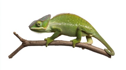 Fototapeta premium A vibrant green chameleon perched on a branch, showcasing its distinctive features, including its long, prehensile tail, bulging eyes, and ability to change color. The image captures the chameleon's a