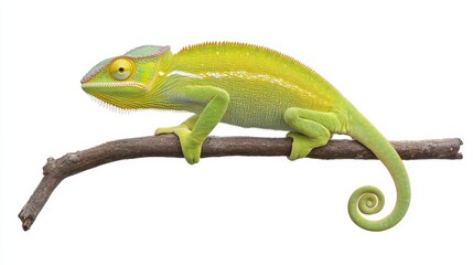 Fototapeta premium A vibrant green chameleon perched on a branch against a white background. The chameleon's distinctive features, including its large eyes, long tail, and ability to change color, are highlighted in thi
