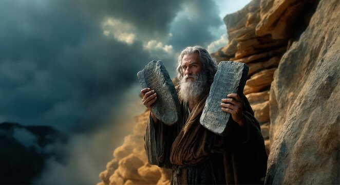 Moses and the Ten Commandments from God on Stone Tablets.