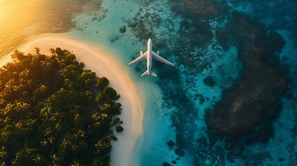 A top-down shot of an airplane flying over a tropical island surrounded by turquoise waters. 