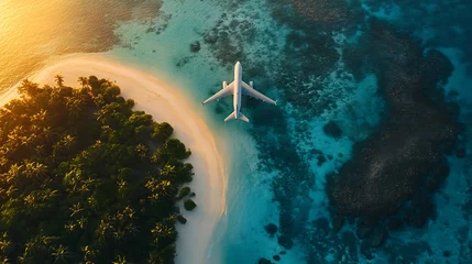 Fototapete Rund A top-down shot of an airplane flying over a tropical island surrounded by turquoise waters.  © Shahzad