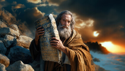Moses and the Ten Commandments from God on Stone Tablets.
