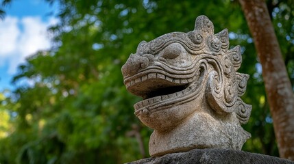 Obraz premium A weathered stone sculpture of a mythical creature with a wide open mouth and intricate carvings, framed by lush green foliage, symbolizing protection, wisdom, and the connection between nature and th