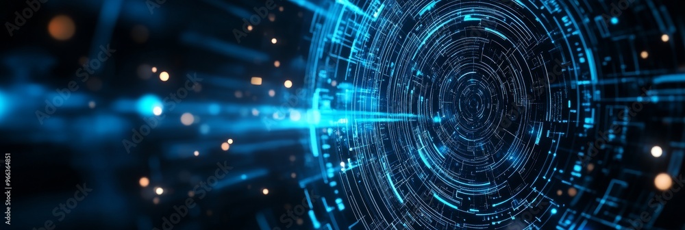 Poster abstract background depicting futuristic technology with a circular pattern of glowing blue lines an