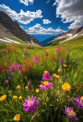 Obraz premium breathtaking mountain landscape adorned colorful wildflowers under clear blue sky, adventure, botanical, blossom, blooming, captivating, scenery, elevation