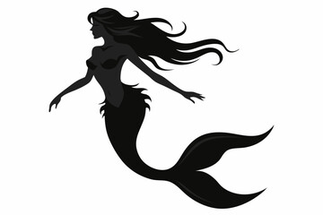 Mermaid silhouette, mermaid tail, shells and starfish vector illustration.