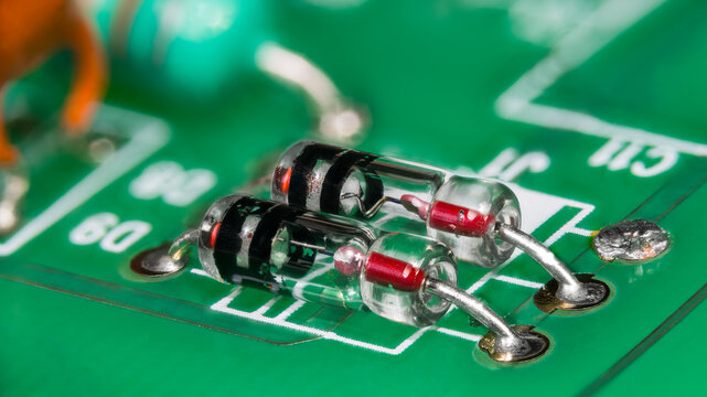 Two point-contact diodes in glass package on green printed circuit board. Closeup of electronic components with germanium crystal and metal wire semiconductor junction in striped tube on a PCB detail.